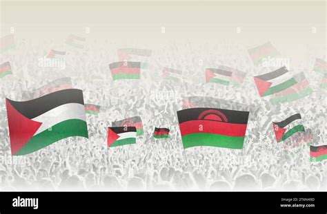 Palestine And Malawi Flags In A Crowd Of Cheering People Crowd Of