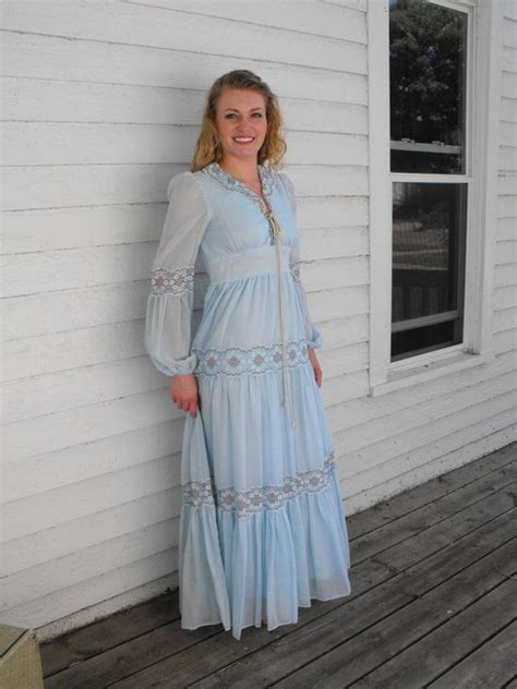 Vintage Gunne Sax 70s Blue Corset Prairie Dress 11 S Boho Lace Etsy