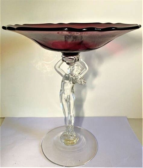 Large Cambridge Glass Carmen Red Statuesque Nude Lady Stem Compote