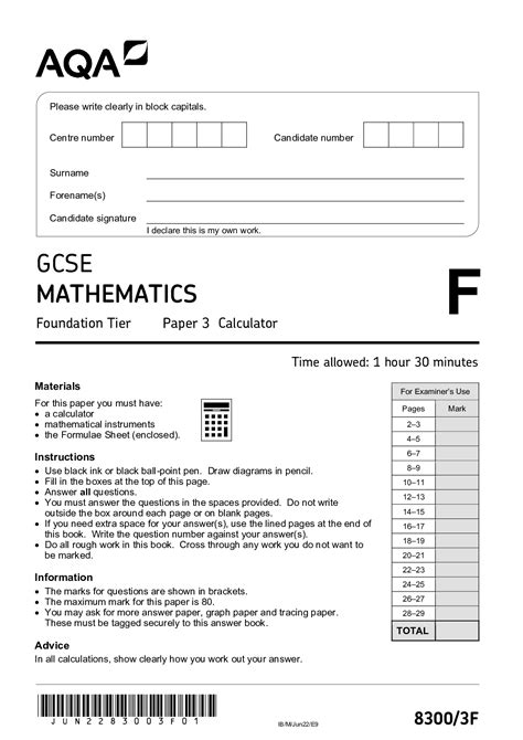 Aqa Gcse Mathematics Foundation Tier Paper Non Calculator Question