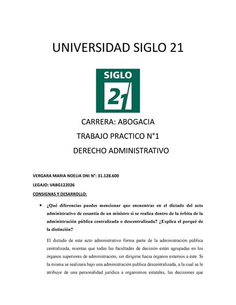 TP 1 Derecho Administrativo UNIVERSIDAD SIGLO 21 CARRERA ABOGACIA