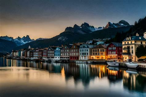 photo wallpaper the sky, mountains, water, buildings, norway, the sea ...