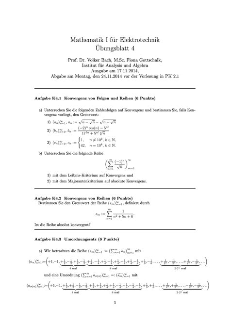 Uebungsblatt 04 Übungsblatt Mathematik I für Elektrotechnik