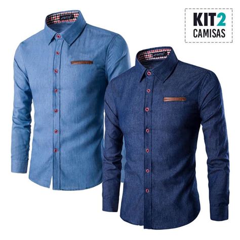 Kit 2 Camisas Jeans Masculinas Slim Fit Manga Longa Azul Escuro E Azul Claro Camisas