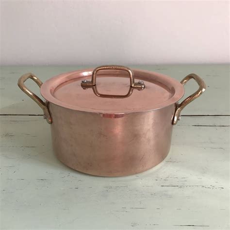 Adorable French Vintage Copper Pot With Lid Tin Lined Steel Riveted