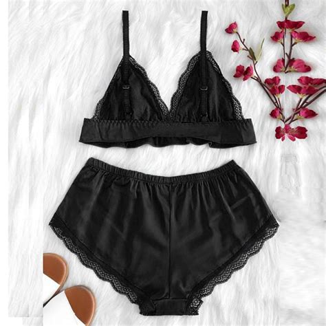 Sexy Black Satin Spaghetti Strap Lace Trim Bra Top And Panty Lingerie Set N