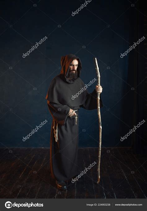 Medieval Monk Black Robe Hood Rests Stick Religion Mysterious Friar ...