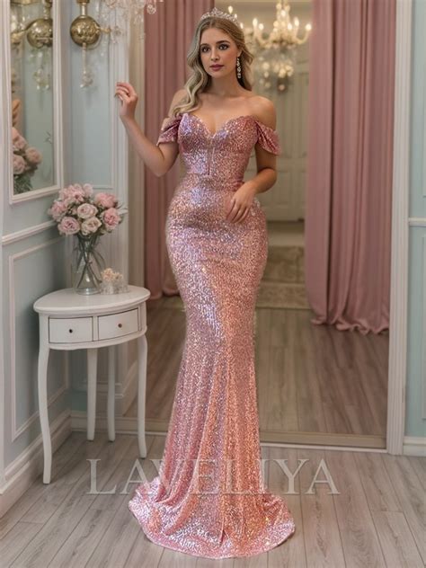 Sheath Off The Shoulder Sequin Sweep Train Sequins Dress Laveliya