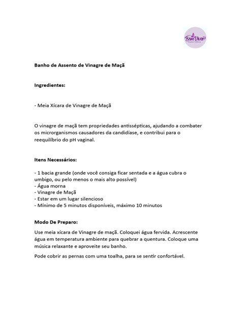 Banho De Assento Vinagre De Maça - Banho de Assento com Vinagre de Maçã | PDF