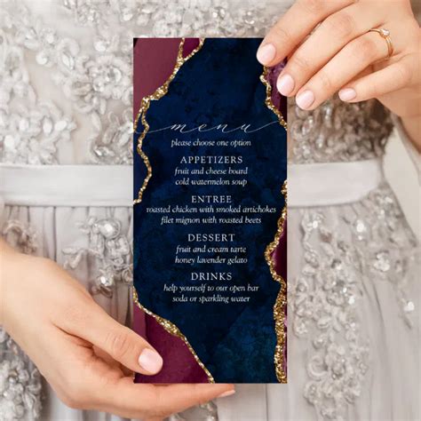 Navy Burgundy Gold Agate Wedding Menu Zazzle