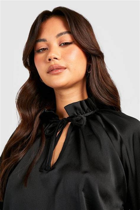 Tops Ruffle Neck Textured Satin Blouse Boohoo