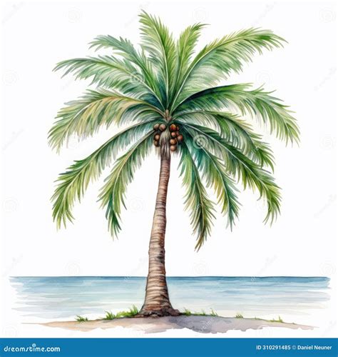 Watercolor Illustration Drawing of a Coconut Tree on the Beach Stock Illustration - Illustration ...