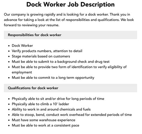 Dock Worker Job Description Velvet Jobs