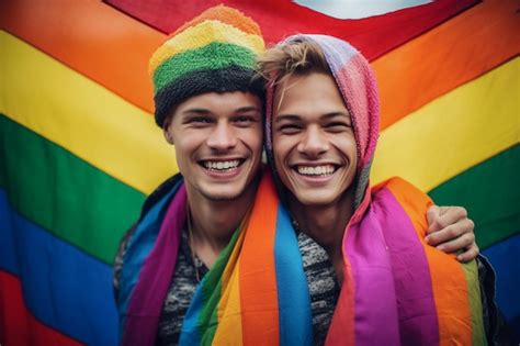 Una Hermosa Pareja Gay Feliz Con Los Colores Del Arco Iris En Un Campo De Flores Fondo De
