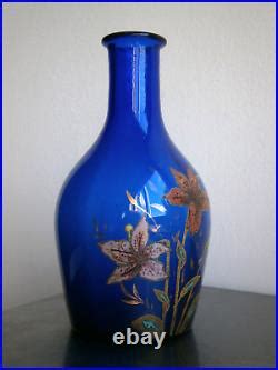 Carafe Art Nouveau Verre Maill Bleu D Cor Floral Ancien St