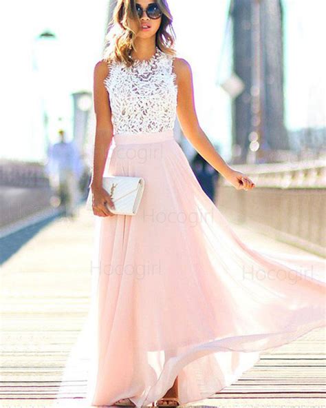 Shop high neck white lace bodice long prom dress with pink skirt from ...