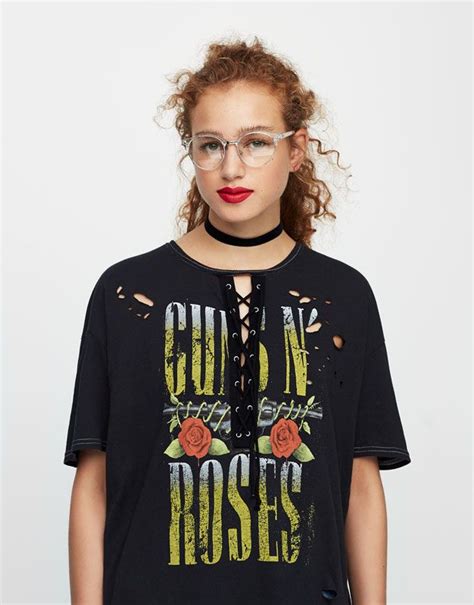 Pullandbear Woman New Guns N Roses T Shirt Faded Black