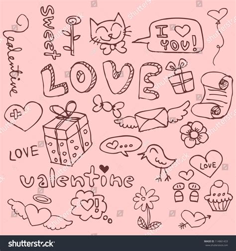 Set Cute Hand Drawn Romantic Things Vector De Stock Libre De Regalías