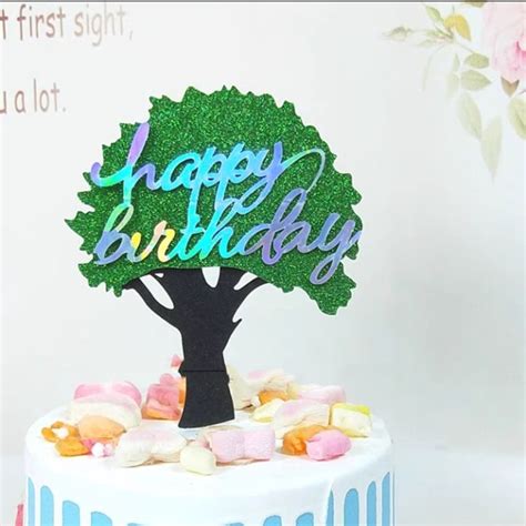 Summer Forest Theme Glitter Tree Happy Birthday Paper Card Cake Topper