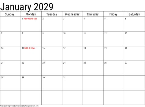 January 2029 Calendar Handy Calendars