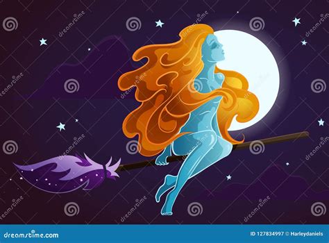 Red Hair And Naked Witch Flying On A Broomstick Stock Vector Illustration Of Beautiful Fear