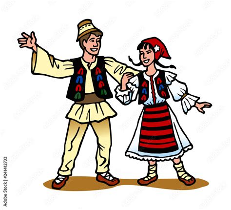 Romanian And Wallachian Traditional Folk Costume Dance Couple Clipart