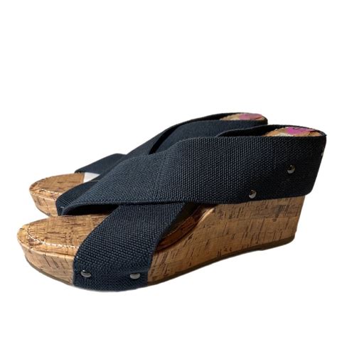 Esprit Navy Oceane 2 Wedge Sandals Cork Cross Cross Studded Canvas