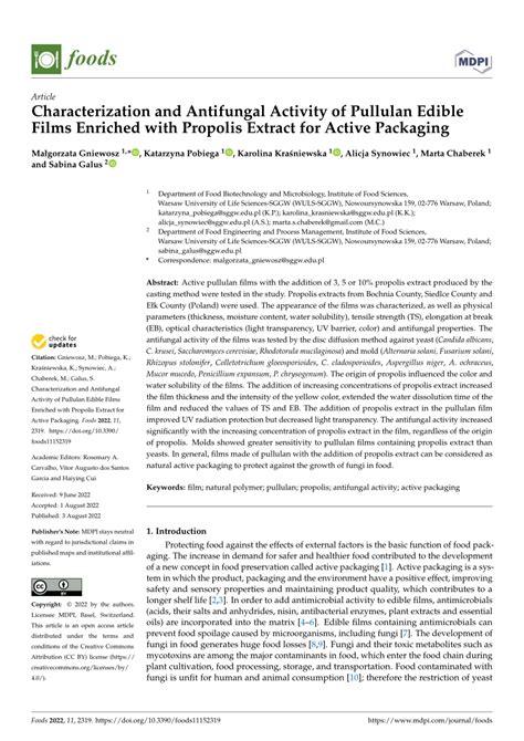 PDF Characterization And Antifungal Activity Of Pullulan Edible Films