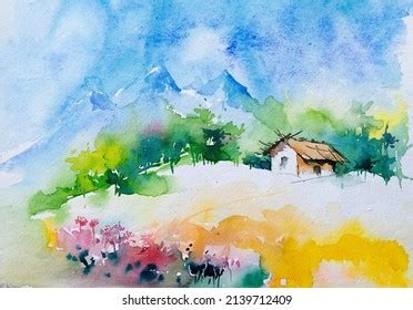 Watercolor Painting Indian Village Wooden House Stock Illustration ...