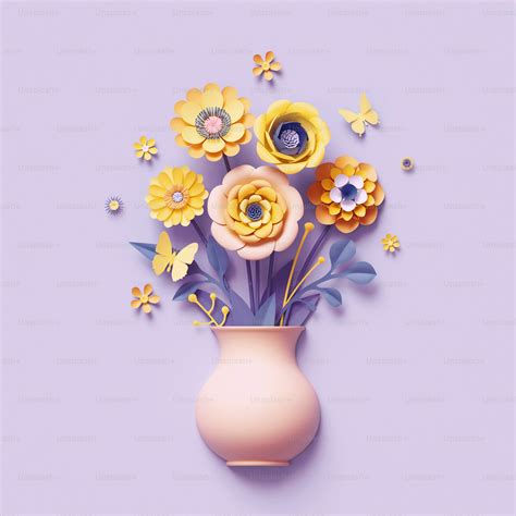 3d render, craft paper flowers inside vase, yellow floral bouquet