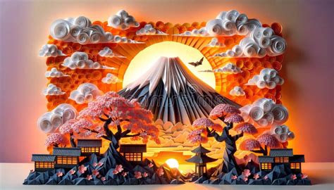 Origami Japanese Tree And Mount Fuji At Sunset Stock Photo Image Of