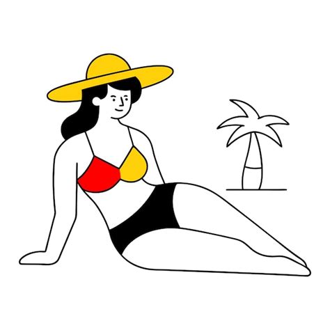 A Woman Illustration In A Bikini Is Sitting On The Beach With A Palm Tree Premium Ai Generated
