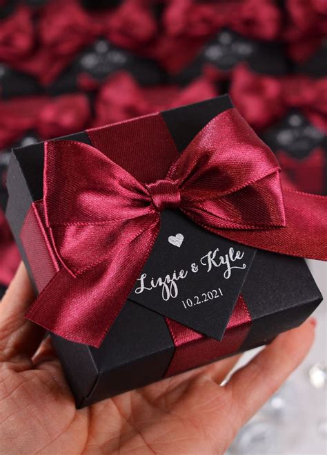 40 Black And Silver Wedding Favor T Box With Burgundy Satin Ribbon Bow And Your Names