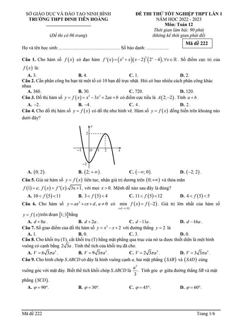 Đề thi thử Toán tốt nghiệp THPT 2023 lần 1 trường Đinh Tiên Hoàng