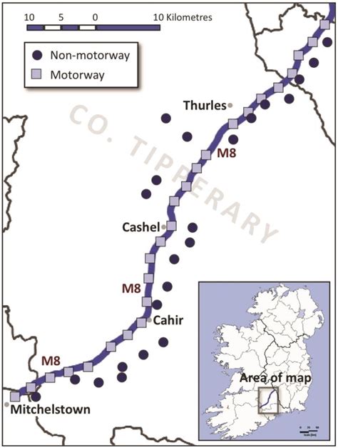 1 Location of study area within Ireland (inset) showing the M8 Motorway ...