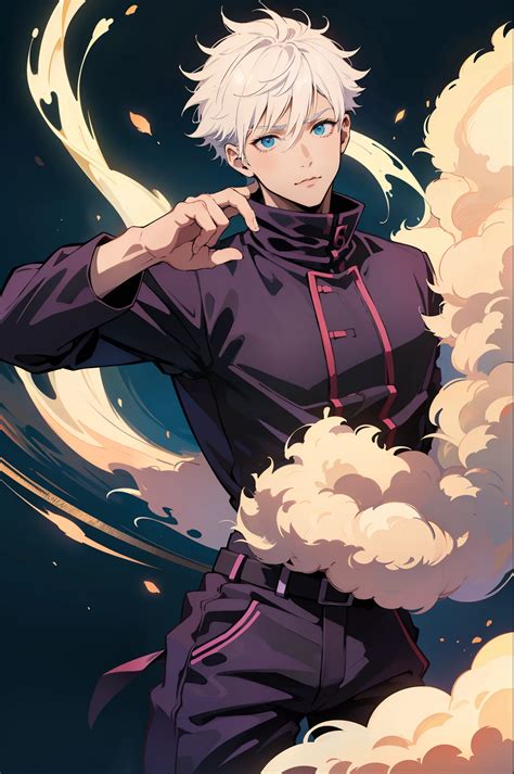 Anime Guy With White Hair And Blue Eyes Standing In Front Of A Cloud