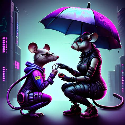 cyberpunk, mouse, with glasses, on knees, gives engagement ring to ...
