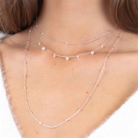 COLLIER CHAINE FINE 7 PERLES NACRES 3 Et 4MM COLLIERS ARGENT 925