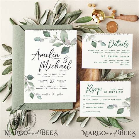 Sage Green Wedding Invitation Template Instant Download Greenery