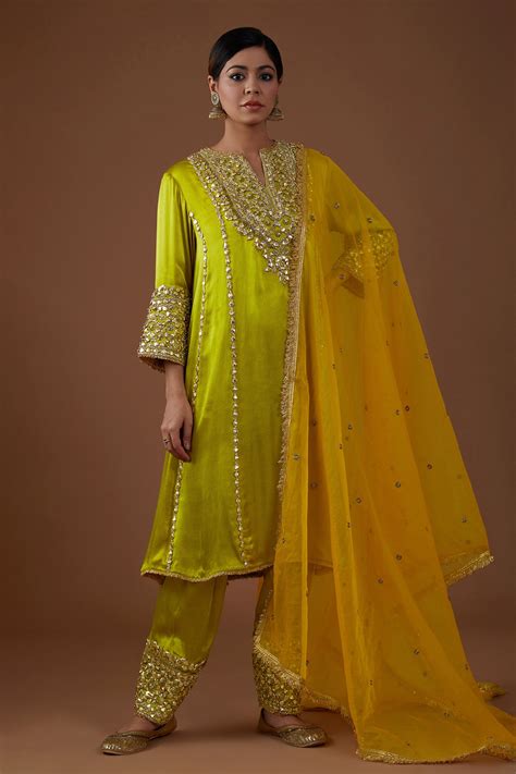 Buy Green Kurta And Salwar Mashru Silk Embellishment Gota Notched