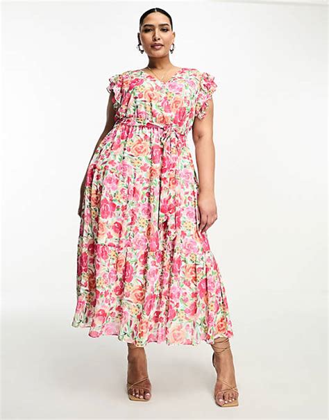 Forever New Curve Ruffle Shoulder Midi Dress In Pink Floral Asos