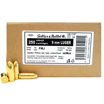 9mm Luger 9x19mm 124gr FMJ Sellier Bellot Ammo Box 250 Rds