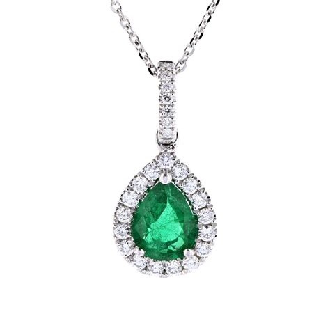 14k White Gold Pear Shaped Emerald And Diamond Halo Pendant 16 Borsheims