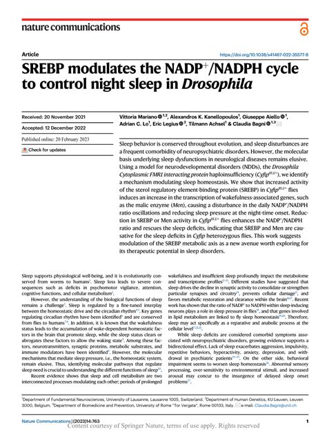 PDF SREBP Modulates The NADP NADPH Cycle To Control Night Sleep In