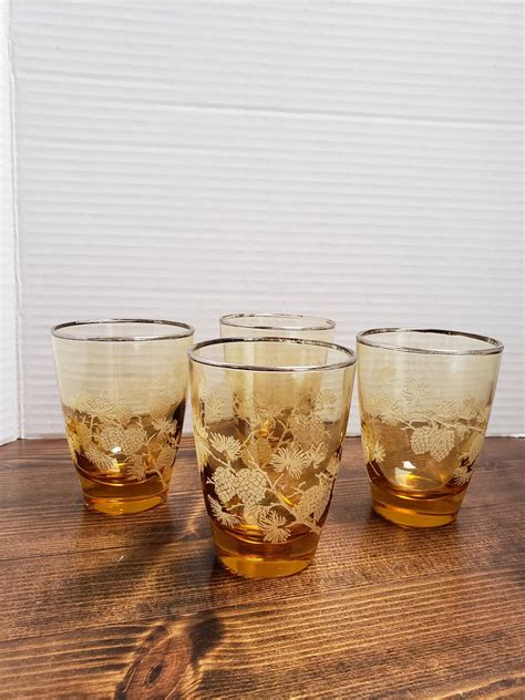 Vintage S Amber Embossed Pine Cone Glasses Libbey Glass Set Of