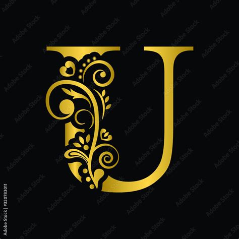 Gold Letter U Vintage Golden Flower Ornament Initial Letters Alphabet