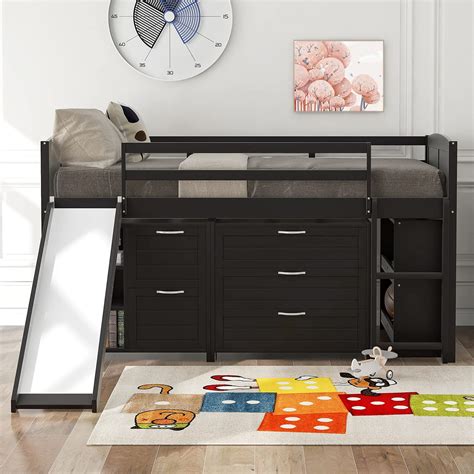 Buy Low Loft Bed with Slide and Storage Twin Loft Bed Frame with ...