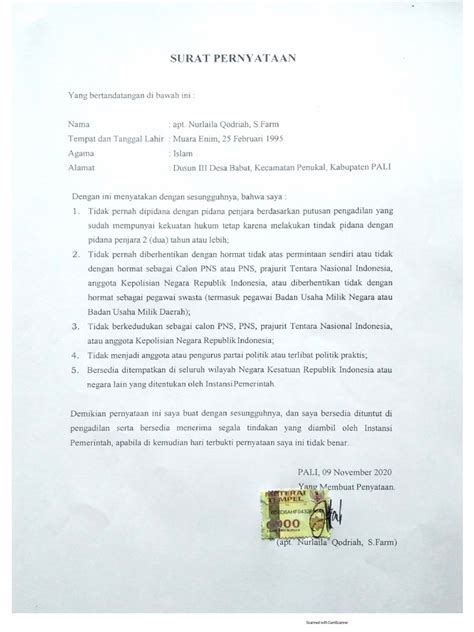 Surat Keterangan 5 Poin Cpns Nurlaila Qodriah Pdf