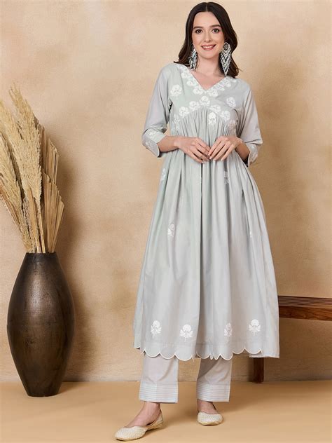 Buy KALINI Floral Embroidered Empire Thread Work Pure Cotton Kurta With