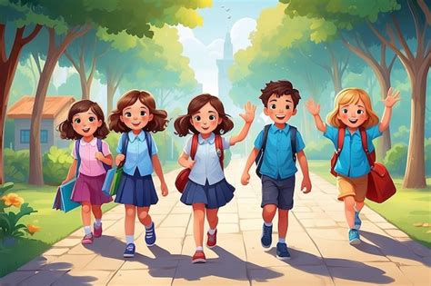 Crianças bonitas voltando para casa da escola Ilustração vetorial